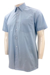 訂製短袖淺藍色襯衫    設計平紋恤衫布   標準領   管家部  後面 龜背 設計  R346